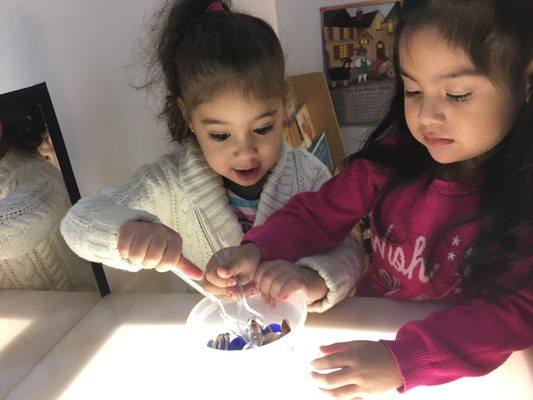 Working together at the light table.