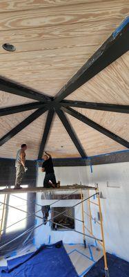 Staining a pine panel ceiling