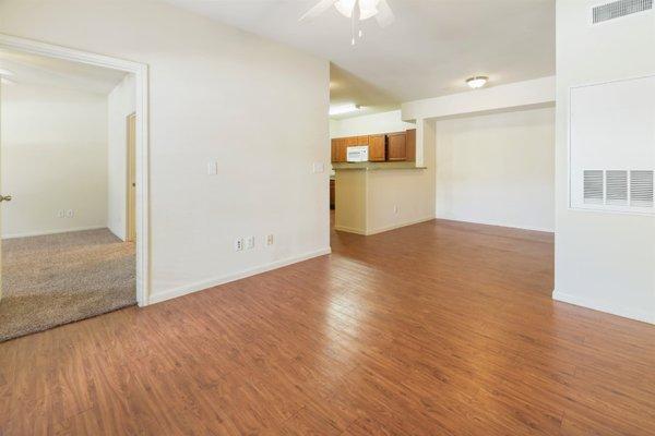 Open living area with rich wood plank floors