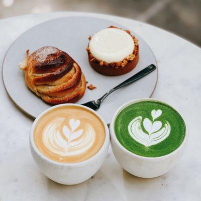 Espresso + milk, matcha latte, cardamom bun, rye tart