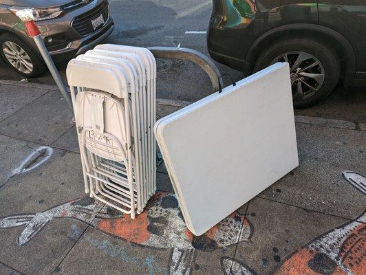 8 chairs and folding 6' table for $28