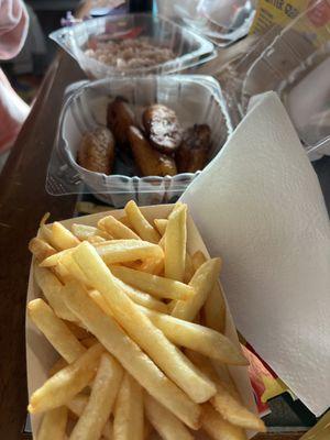 Sides: Fries, fried plantains, and red beans n rice.