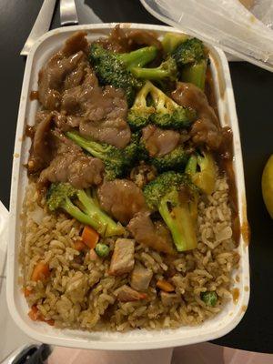 Combination beef broccoli pork fried rice. Beef taste like chewy plastic.