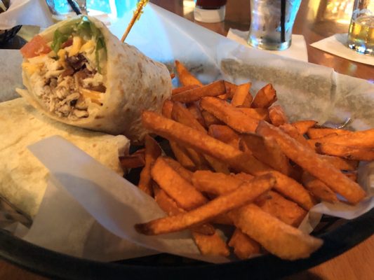 Chicken Bacon Ranch Wrap with Sweet Potato Fries, really good!