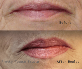 Lip Blushing Before and After.  Looks fuller and brighter, and natural looking.  Color:  Rose