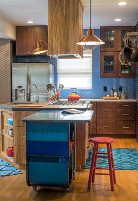 A fabulous mixture of materials and blues makes this industrial-inspired kitchen fun and easy...