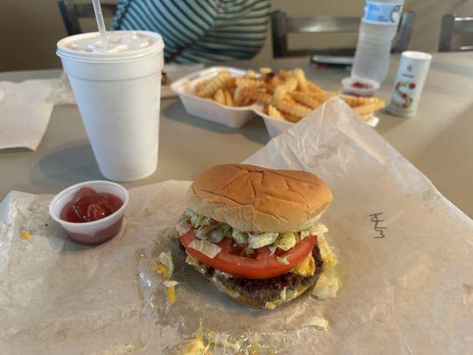 Cheese burger, fries and sweet tea