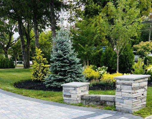 Driveway, pillars and planting