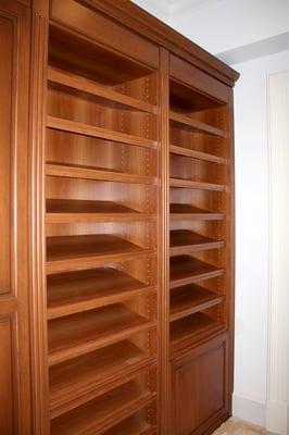 Custom Closet With Slanted Shoe Shelves, Fluting & Wood Crown Molding