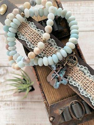 Distressed Leather Beaded Lace Cuff Set