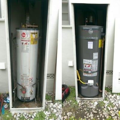 Replaced old 30 gallon water heater with new 40 gallon water heater. We also installed all the upgrades and brought up to code.