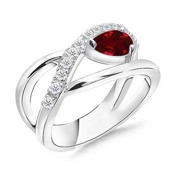 14K fancy white gold diamond and pear shaped ruby ring