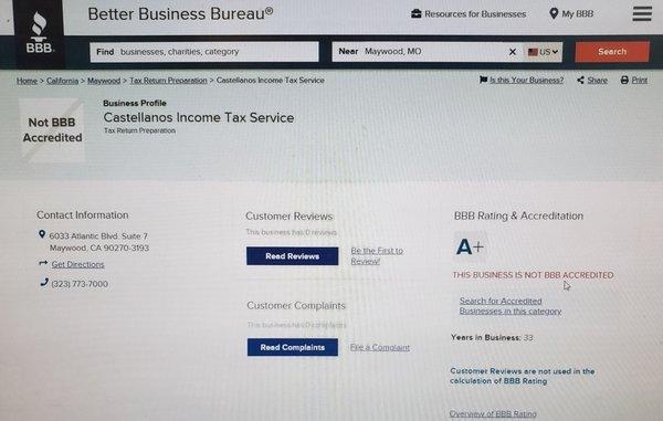 Better Business Bureau is showing as they are not accredited by BBB .