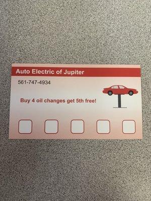 We have loyalty cards available! Buy 4 oil changes get 5th free! Call or stop in today!