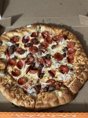 Stuffed crust with pepperoni, beef, & onion