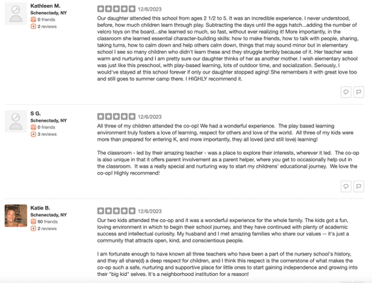 Read reviews from parents on Yelp (removed from page as Yelp algorithm doesnt like first time reviewers)