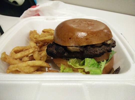 Delivery order: 'Shroom and Swiss Burger $9.95 excluding tax, tips and $1.50 delivery fee.