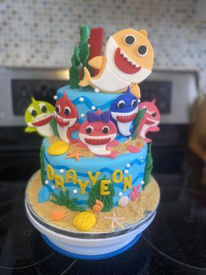 Baby Shark themed birthday cake.