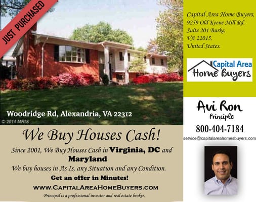 We Recently Purchased Property in Woodridge-Rd,-Alexandria,-VA-22312
  Contact us to sell your house for cash. Call Now: 800-404-7184