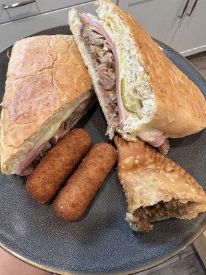 Cuban Sandwich, Ham Croquetas and Half of a Beef Empanada