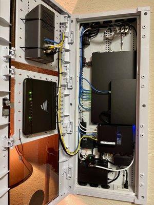 Typical panel open displaying home network equipment and self-healing equipment in place.