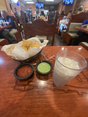 Horchata and chip with guacamole