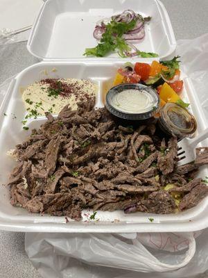 Lamb and Beef Shawarma Over Rice Plate