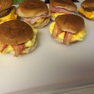 Jimmy Dean Sausage, egg and American cheese.  Or ham egg and cheese or Wrights bacon egg and cheese made fresh at 6:00 AM.