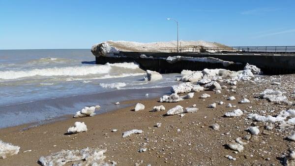 Ice chunks just broke off the pier. 70°yesterday, 40° today big waves.