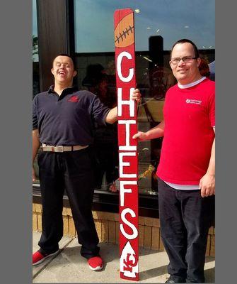 Our employees LOVE the Chiefs and create 1-of-a-kind items through the Heartfully Made program, and sold at Sacks on Santa Fe.