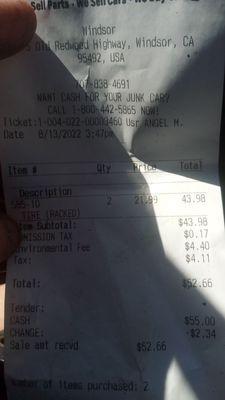 My receipt for 2 tires purchased for above the quoted and posted price of $20 each.