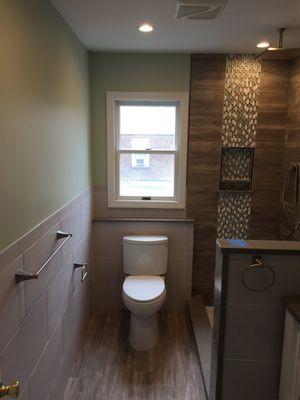 Wood planks porcelain tiles in teal bathroom.