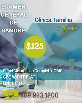 EXAMEN GENERAL EN SANGRE TAN SOLO $125 DOLARES 
 #CLINICA #CLINICAFAMILIAR #CLINICAHISPANA 
 #CLINICAFAMILIARDELPUEBLO