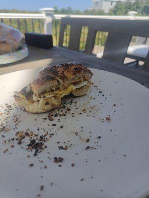 Everything bagel, toasted with an egg