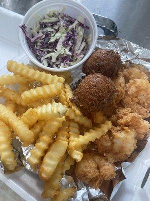 8pc fried shrimp with fries ,cold  slaw, hush puppies