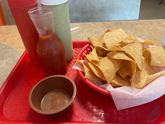 Triple Chips & Salsa set up.  The one in the red bottle is hot and I love it!!!