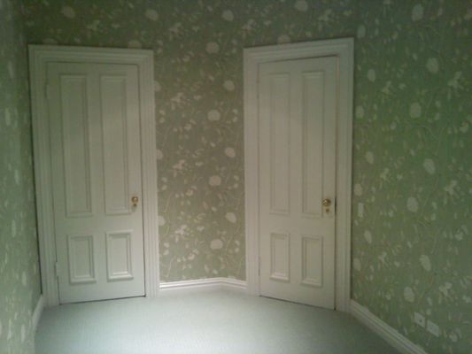 Painted ceiling, trims, doors, Installed wallpaper on walls