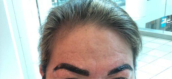 "Light brown" ugly black block eyebrows. The gel was used to lighten them because even she knew they were bad