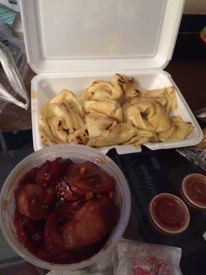 Pan fried wontons and sliced roast pork