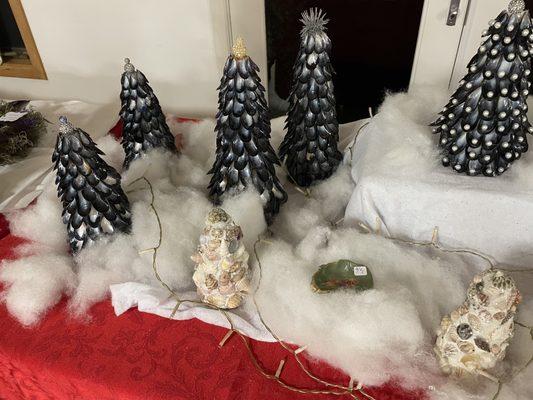 Beautifully crafted mussel shell Christmas trees sold at the annual Christmas Bazaar