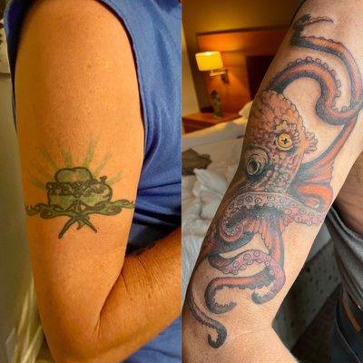 Before and after cover up with octopus