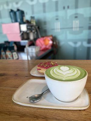 Matcha and raspberry pistachio donut