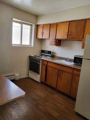 Kitchenette for your longer stay with Full Size Fridge and Stove and Cabinets.