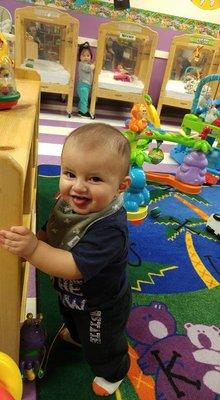 Here's my guy cruising around the baby room! They make sure the babies have lots of floor time.