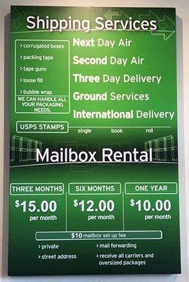 Shipping & Mailbox Rental rates.