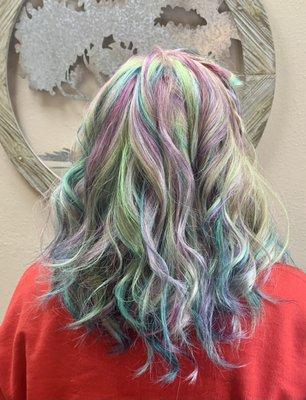 Pastel rainbow hair.