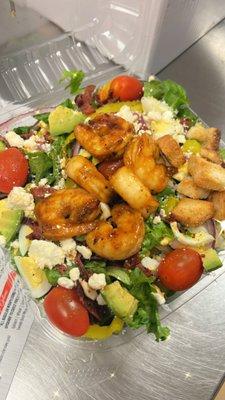 Cobb Salad topped with shrimp