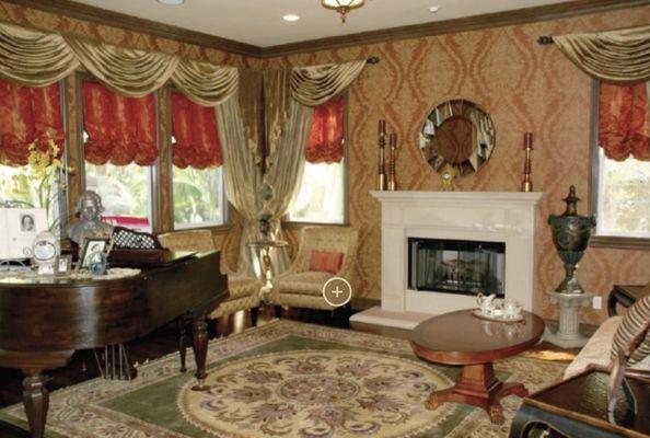 Encinitas Ranch, custom dining room and parlor room. Filled with wallpaper, velvet and silk custom drapery and family heirlooms.