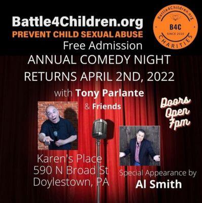 Our No Fee Admission Annual Comedy Night Returns. Join us more lots of laughs and a brief talk on what Battle4Children is about.