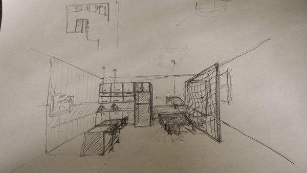 Pencil sketch of perspective view of design in small studio in NYC